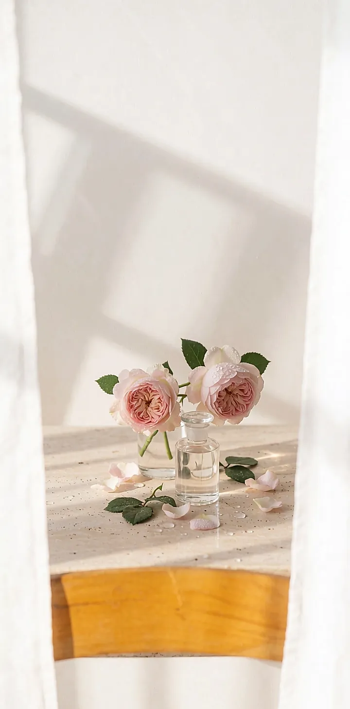 Rose water, musk rose oil and a rose face cream arranged together, showing the flower as a skincare ingredient