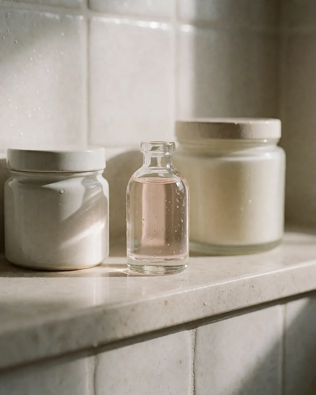 A bottle of rose water on a bathroom shelf, wedged between two moisturisers