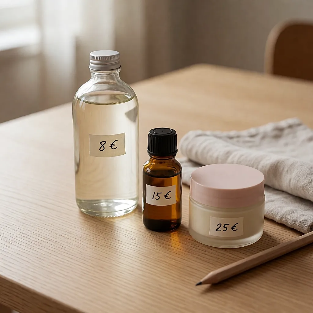 Three rose products in different sizes with their prices on a wooden table