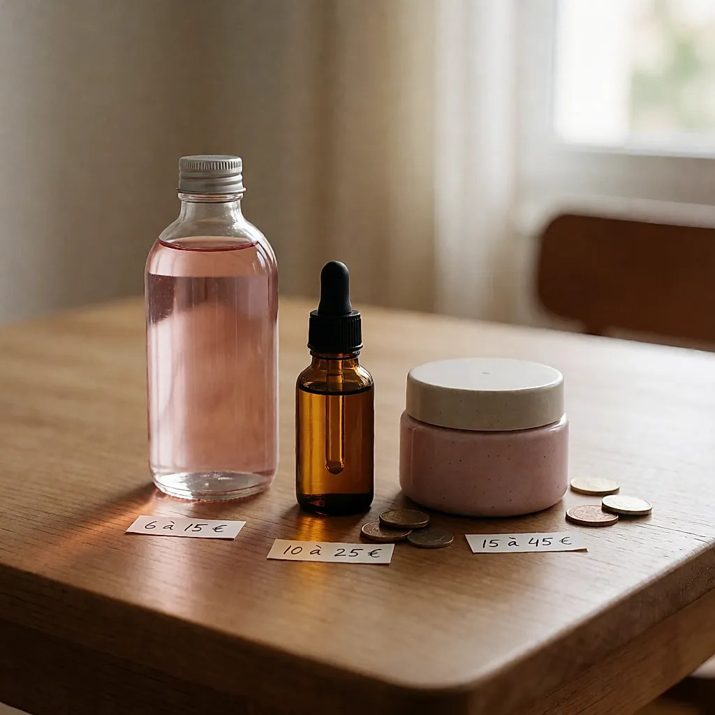 Three rose products in different sizes with small price markers on a wooden table
