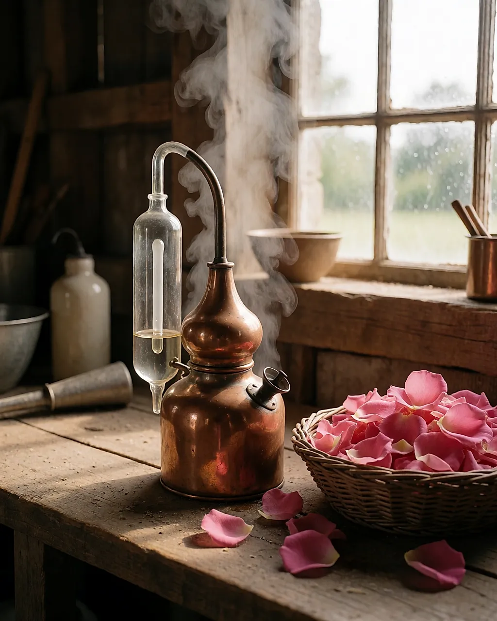 A copper still and fresh rose petals in a distillation workshop