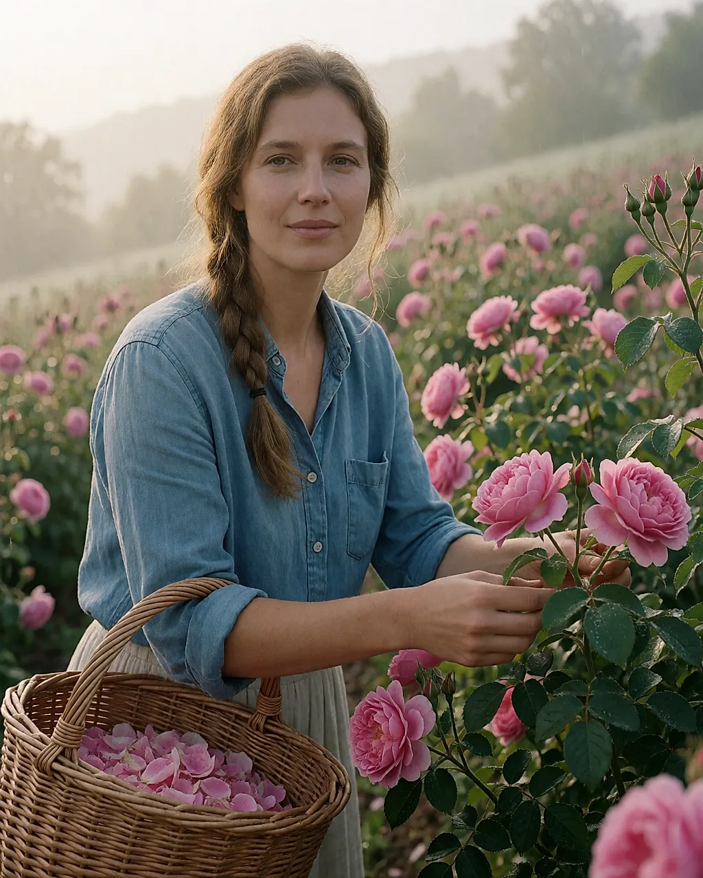 A picker gathering damascena roses at dawn in a sloping field