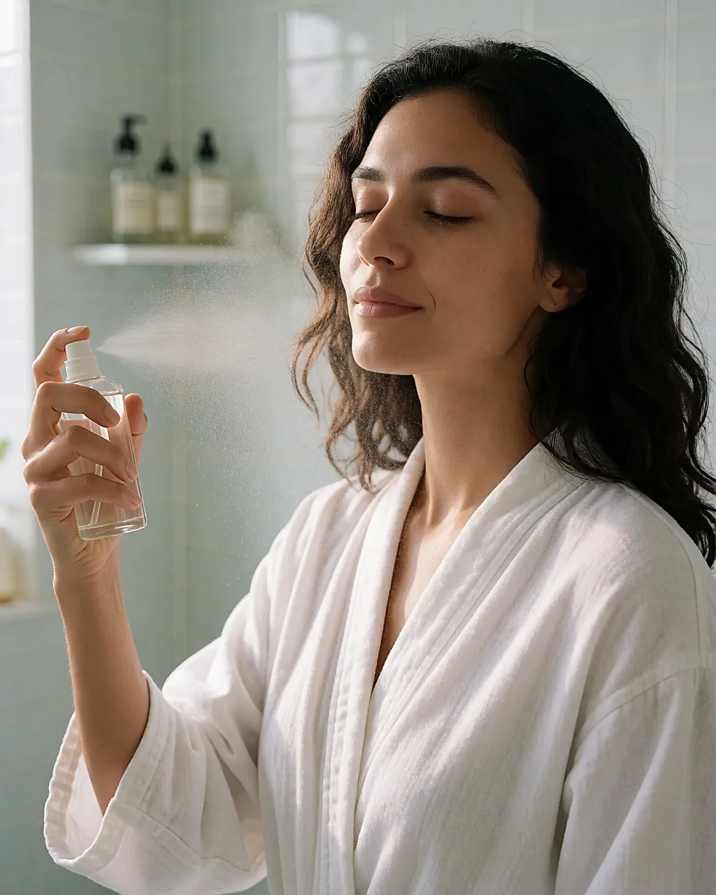 A woman with her eyes closed misting rose water over her face