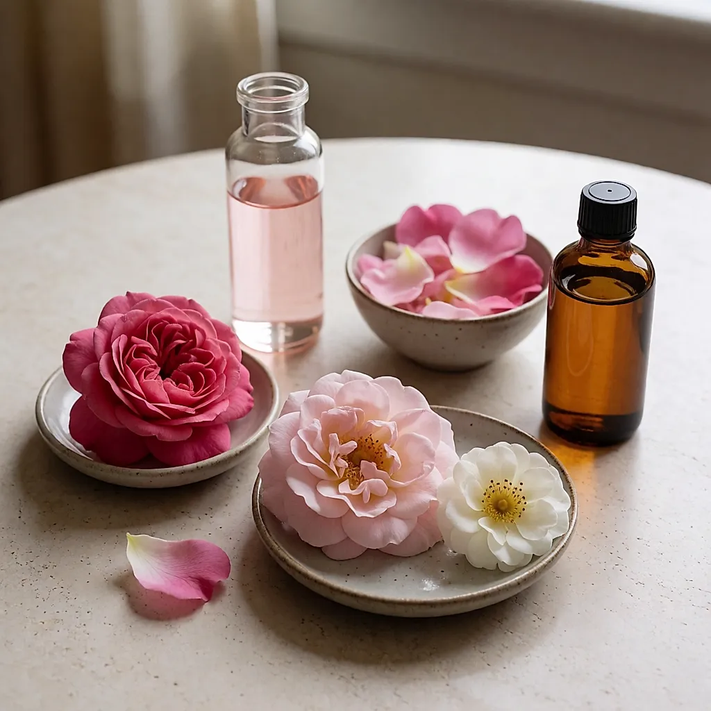 Three rose varieties and their extracts: hydrosol, petals and musk rose oil