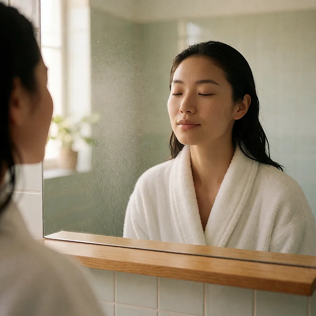 A woman misting rose water over her face above the bathroom sink