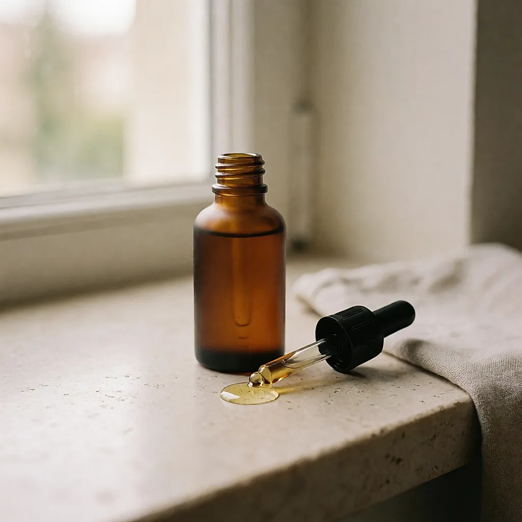 Un flacon compte-gouttes en verre ambré et une goutte de sérum antioxydant sur une pierre claire