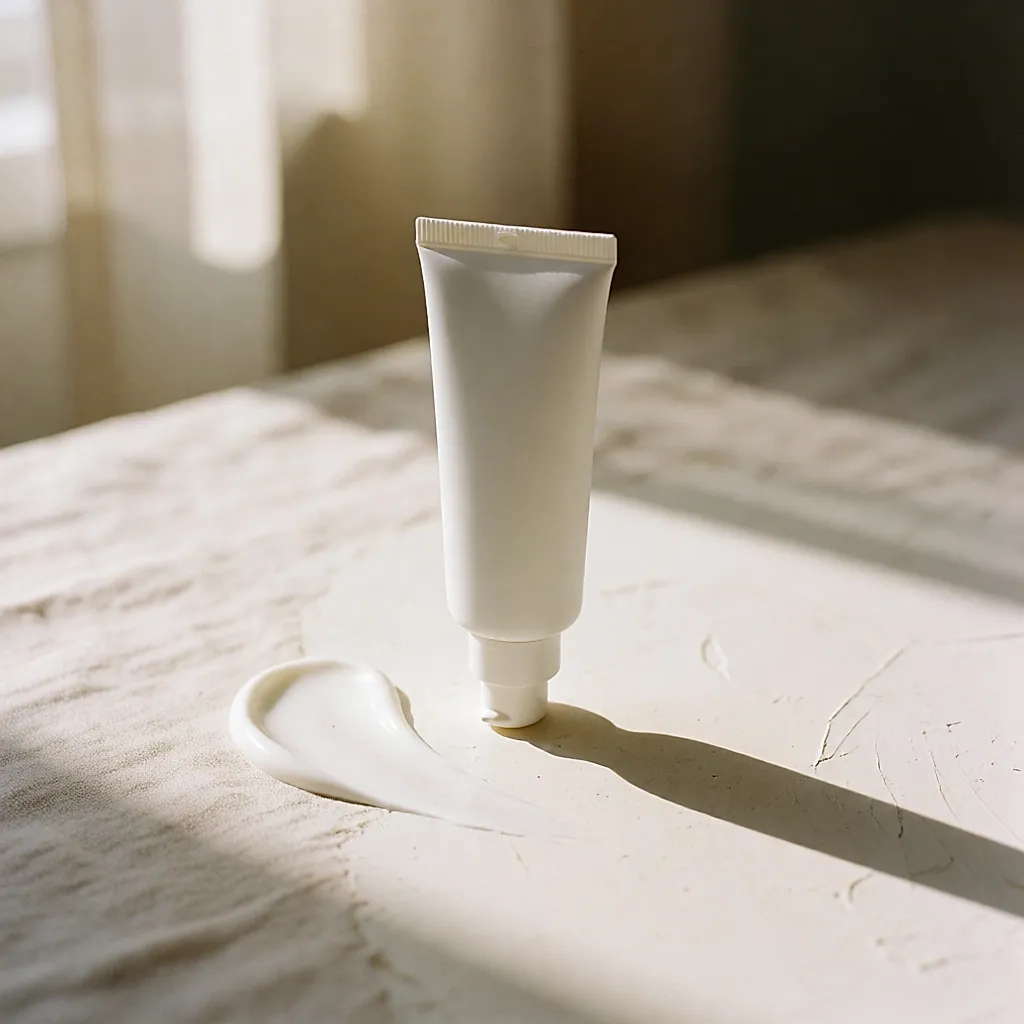 Un tube de crème solaire fluide dans la lumière du matin, un trait de texture à côté