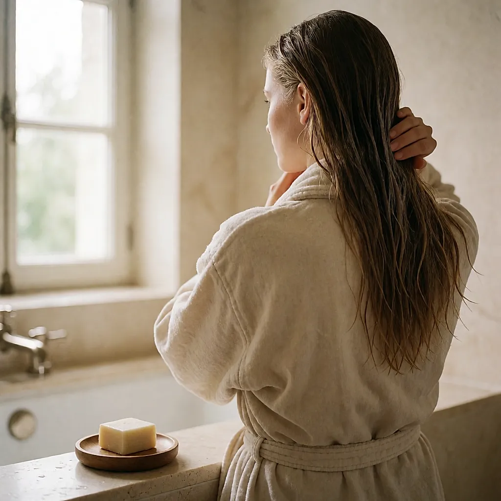 De dos, une femme applique un masque capillaire léger sur ses cheveux dans la salle de bain