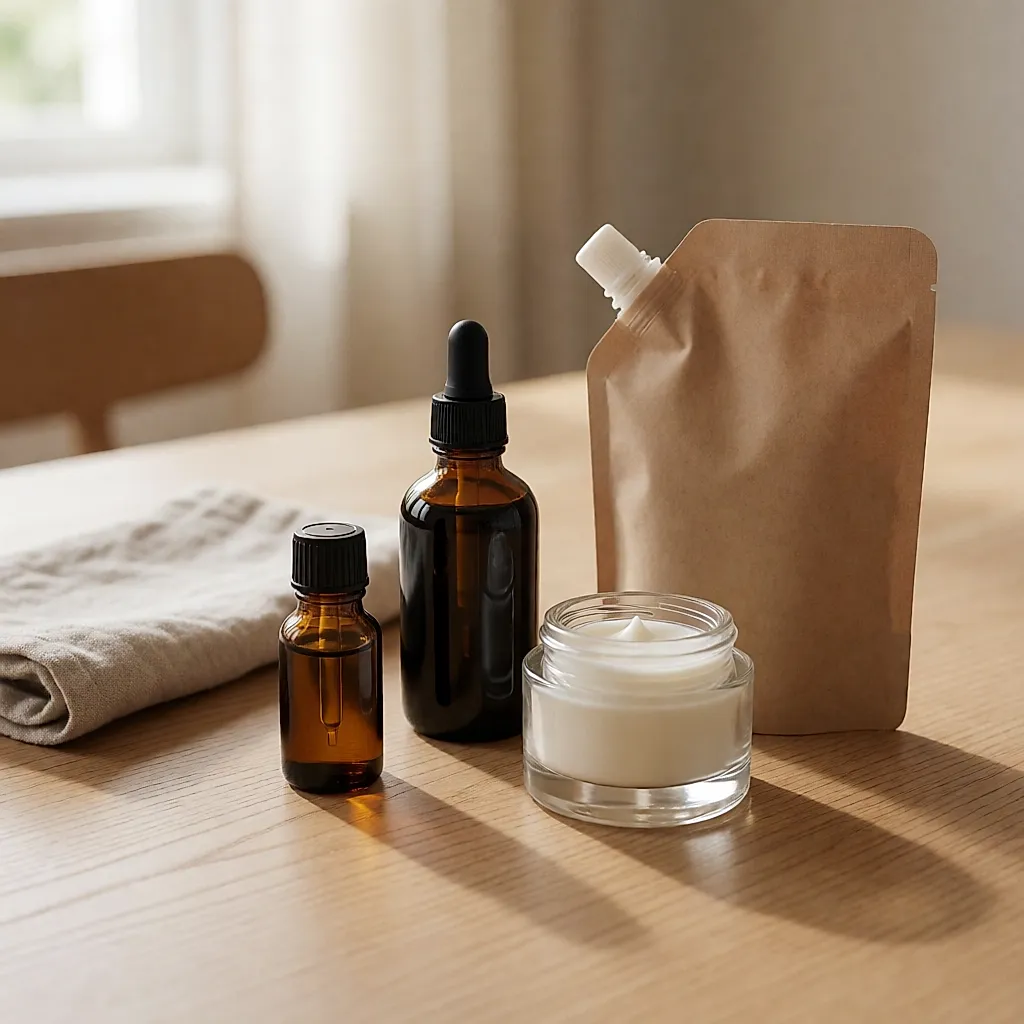 Petits formats, recharge kraft et flacons de soins réunis sur une table en bois clair