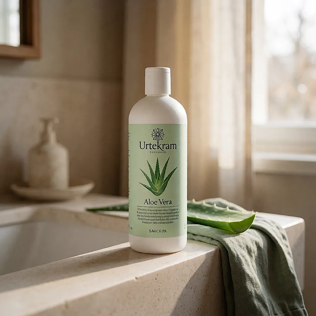 Un flacon blanc d'après-shampoing Urtekram à l'aloe vera posé au bord d'un lavabo en pierre