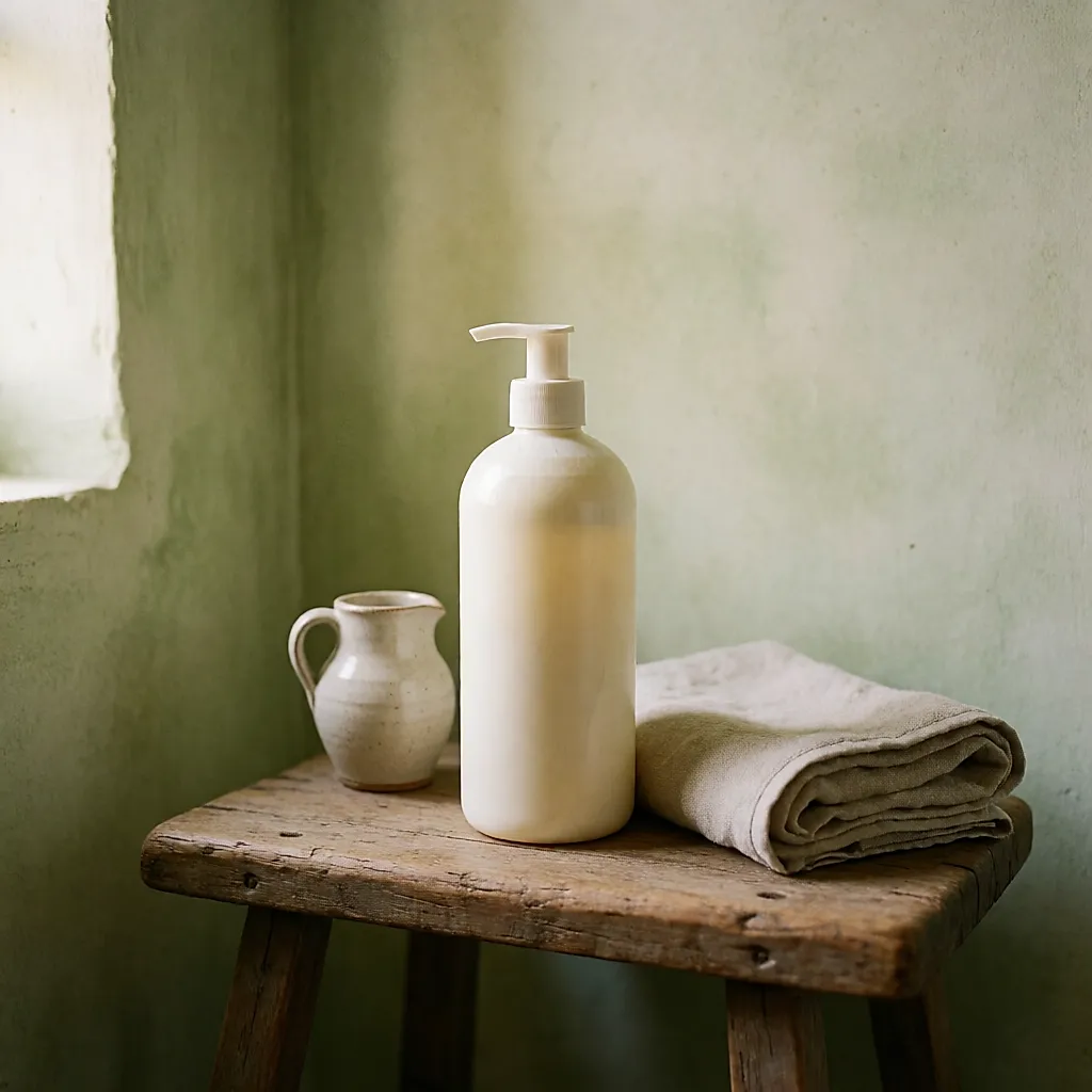 Flacon de shampoing au lait d'ânesse Asinerie des Alpes sur un tabouret en bois
