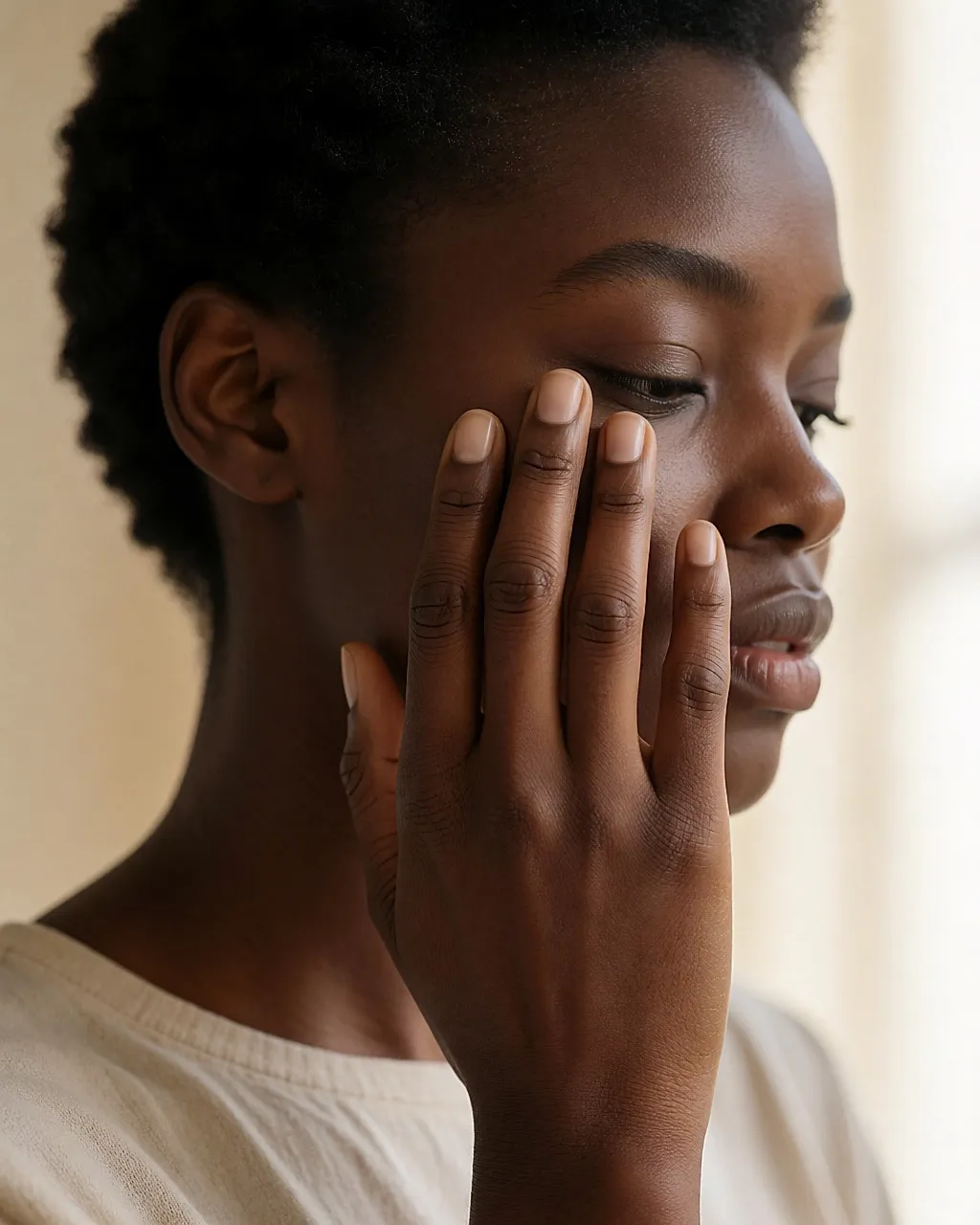 Close-up of a finger applying a pea-sized amount of cream under the eye of a young woman with dark skin
