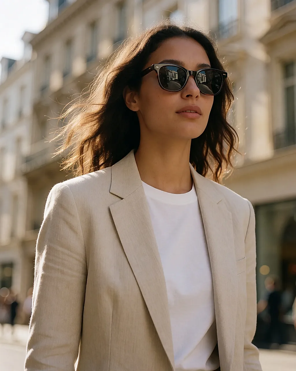 Young woman in a linen blazer and sunglasses walking along a sunny street