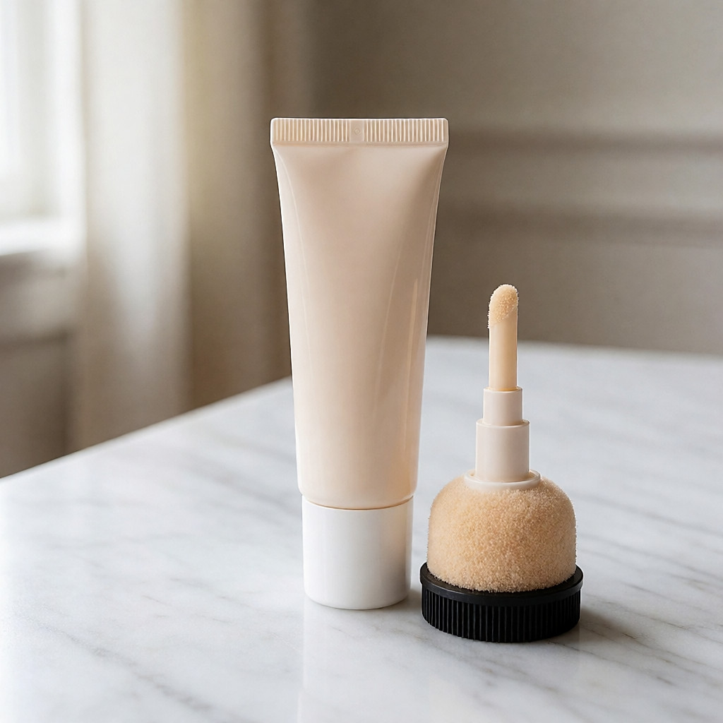 Nude-beige liquid concealer tube with its foam applicator out, on pale marble