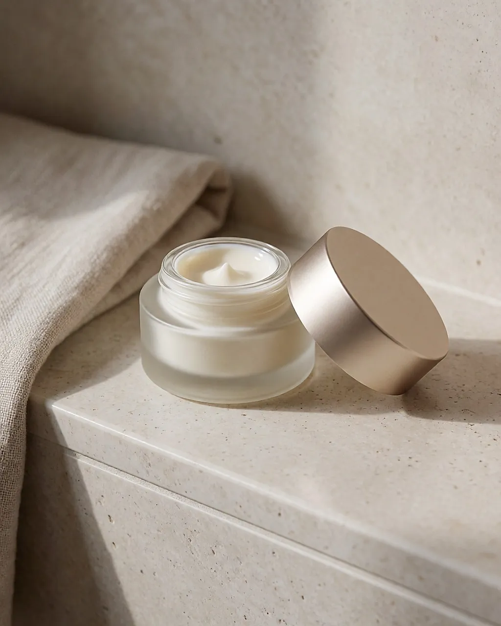 Eye cream jar in frosted glass, open, on a pale stone shelf
