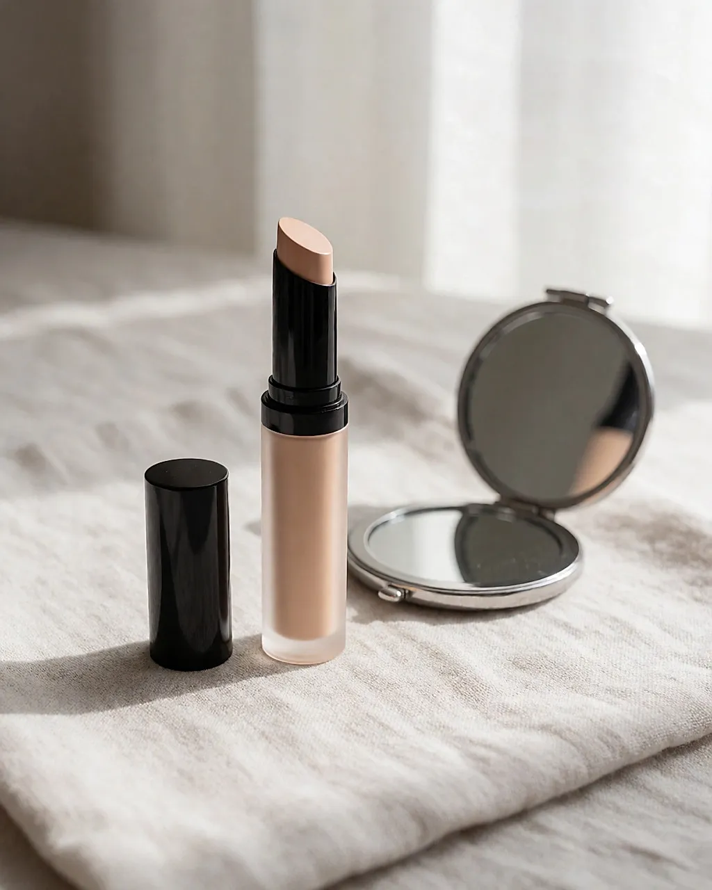 Concealer stick with the cap off, resting on pale linen beside a small round mirror