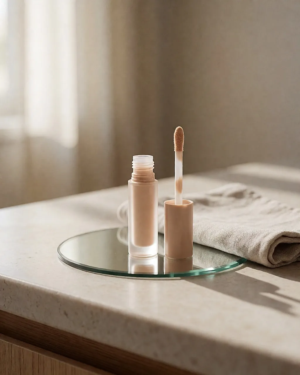 Nude-beige liquid concealer tube, foam applicator resting on the rim, on a small mirror