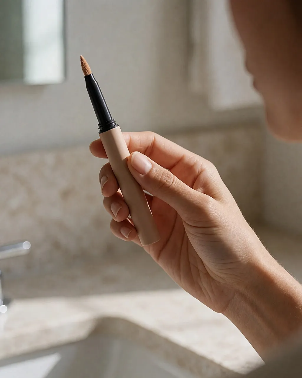 Hand holding a pen-style concealer, cap off, fine brush tip visible