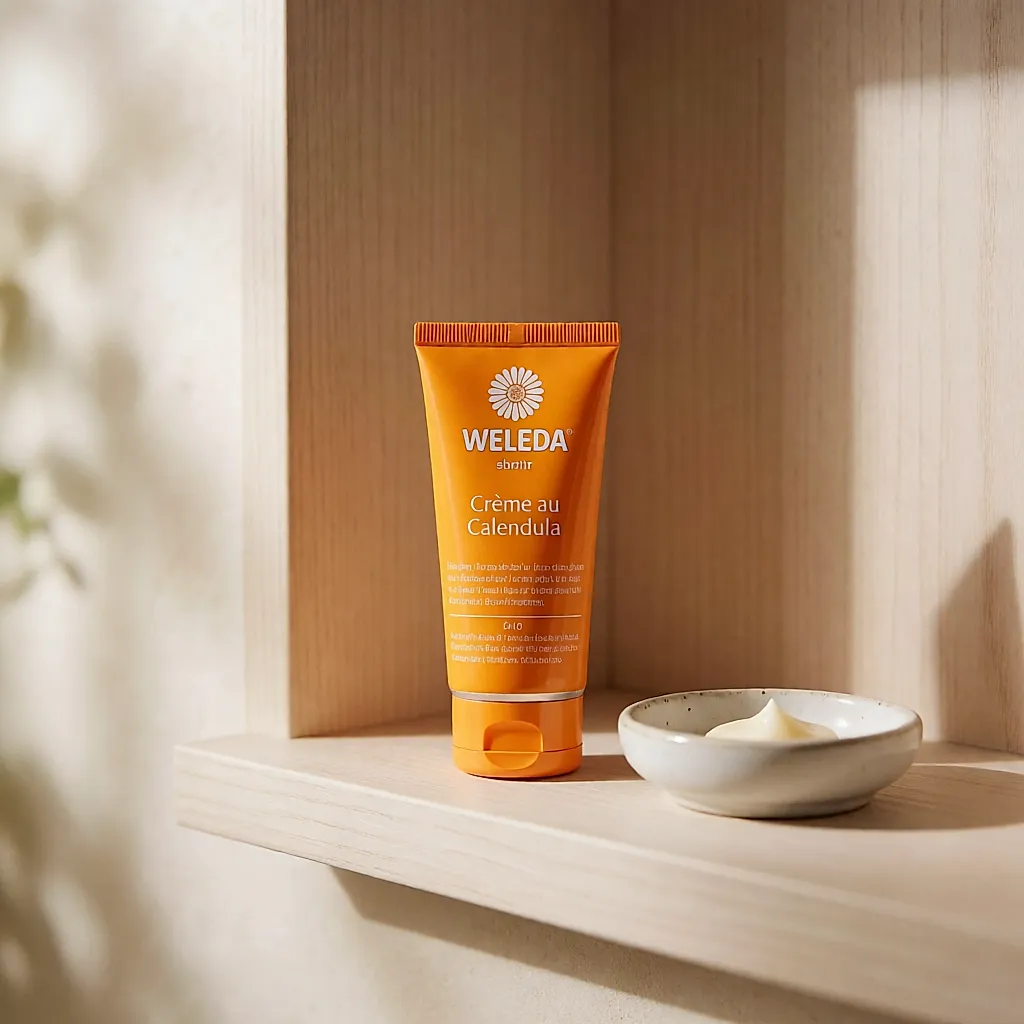 Le tube métal orange de crème Weleda au calendula posé sur une étagère