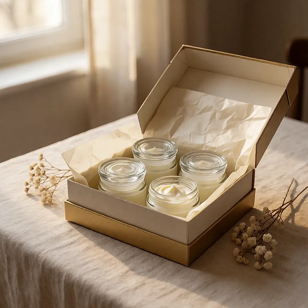 Trois petits pots de crème soufflée alignés dans leur coffret cadeau