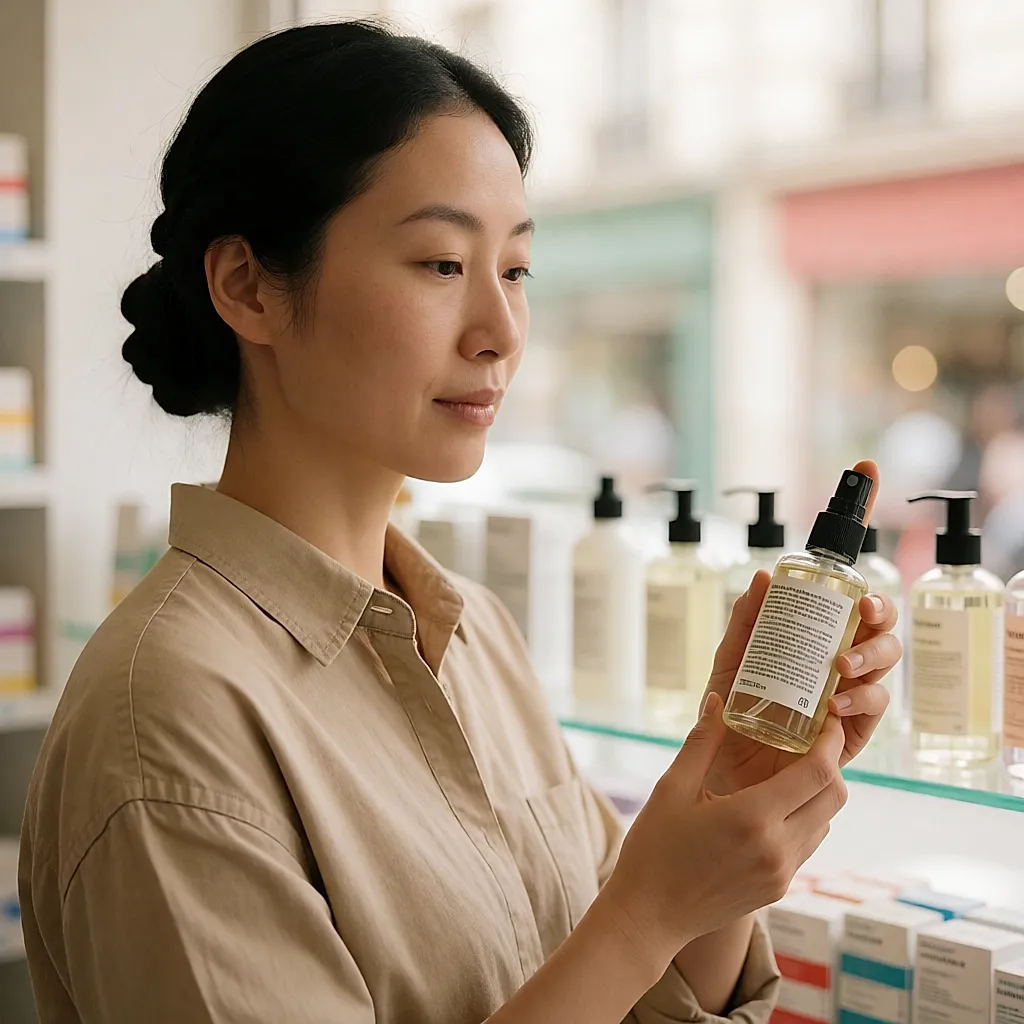 Une femme lit l'étiquette d'une brume protectrice pour cheveux dans une parapharmacie lumineuse