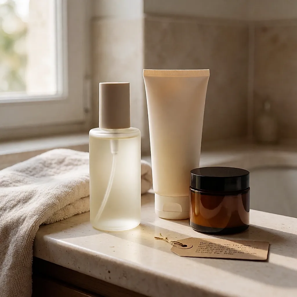 Trois soins capillaires solaires — brume, shampooing doux et masque — réunis sur un comptoir en pierre claire