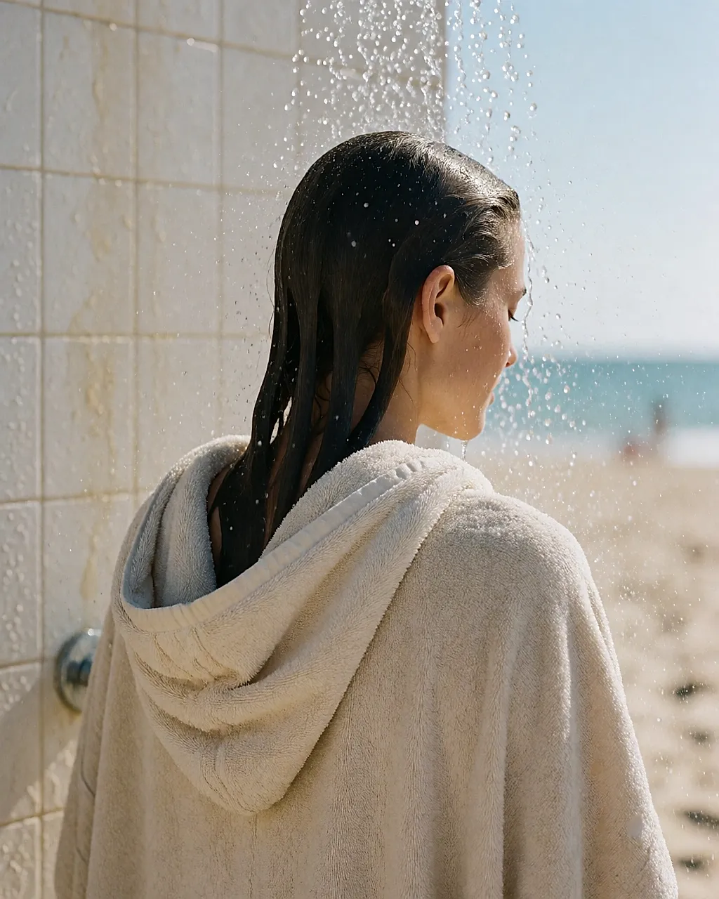 Cabelo enxaguado com água limpa no duche exterior da praia