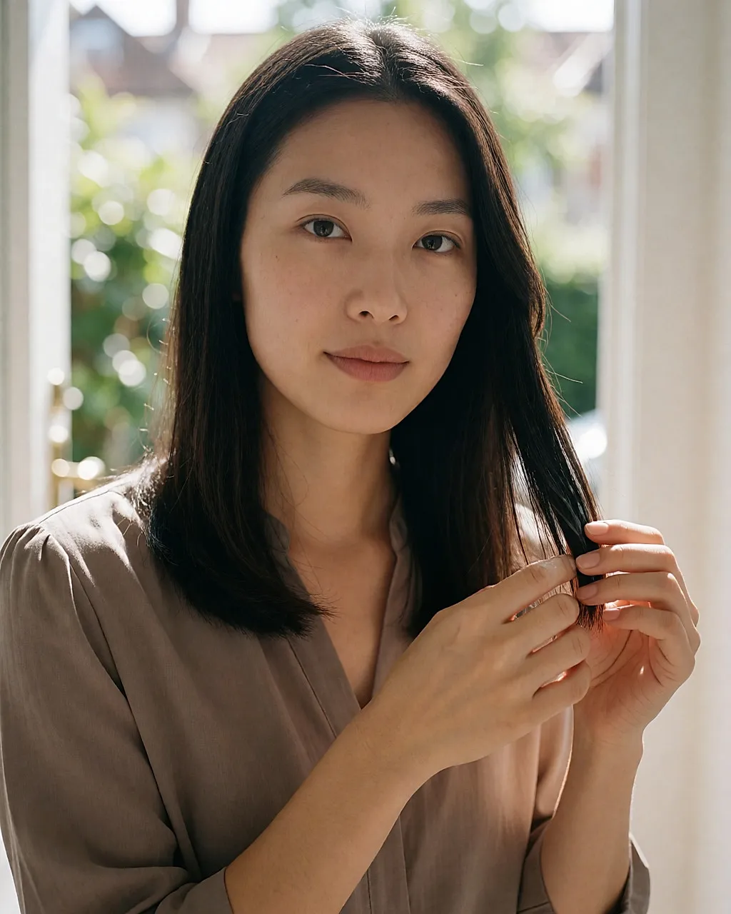 Jeune femme asiatique lissant une crème sans rinçage sur ses pointes avant de sortir, lumière du jour