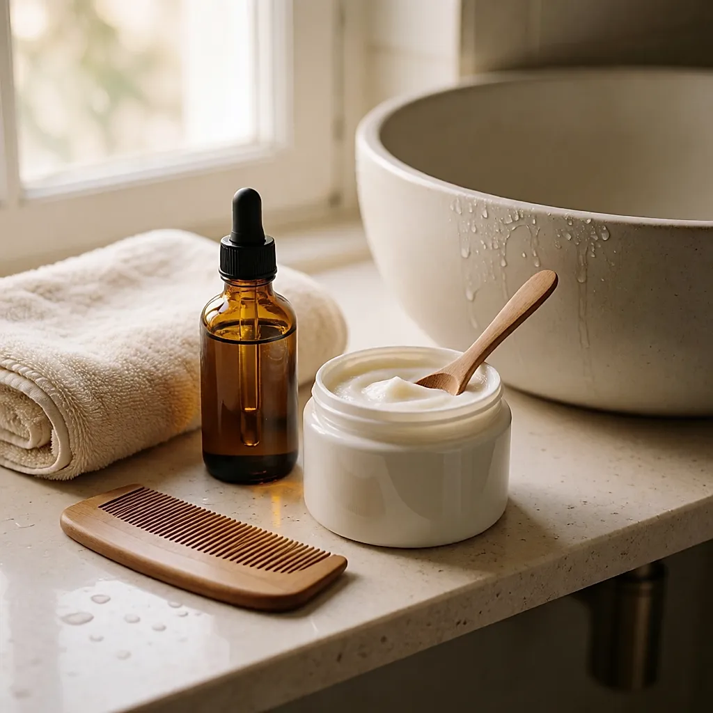 Flacon d’huile végétale, pot de masque et serviette sur une étagère de salle de bain