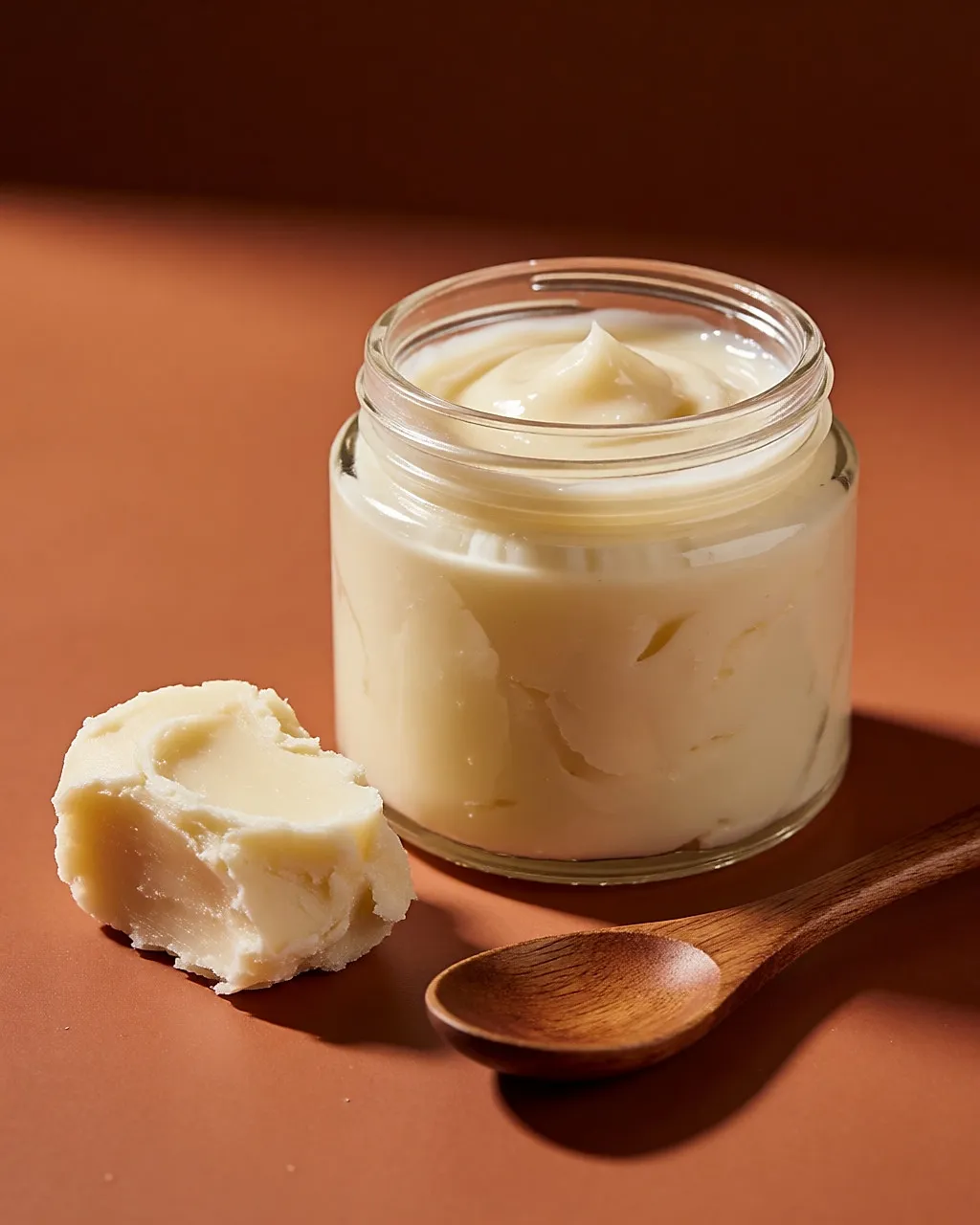 Pot de masque capillaire riche au karité, morceau de beurre brut et cuillère en bois sur fond terre cuite