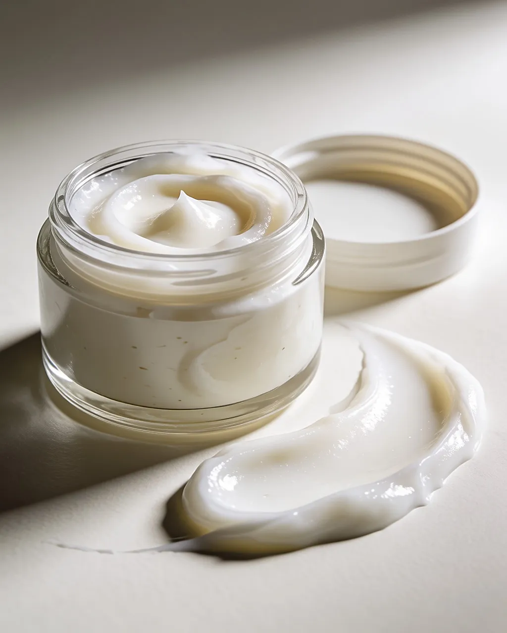 Pot de masque capillaire réparateur ouvert et échantillon de sa texture blanche étalée sur une surface claire