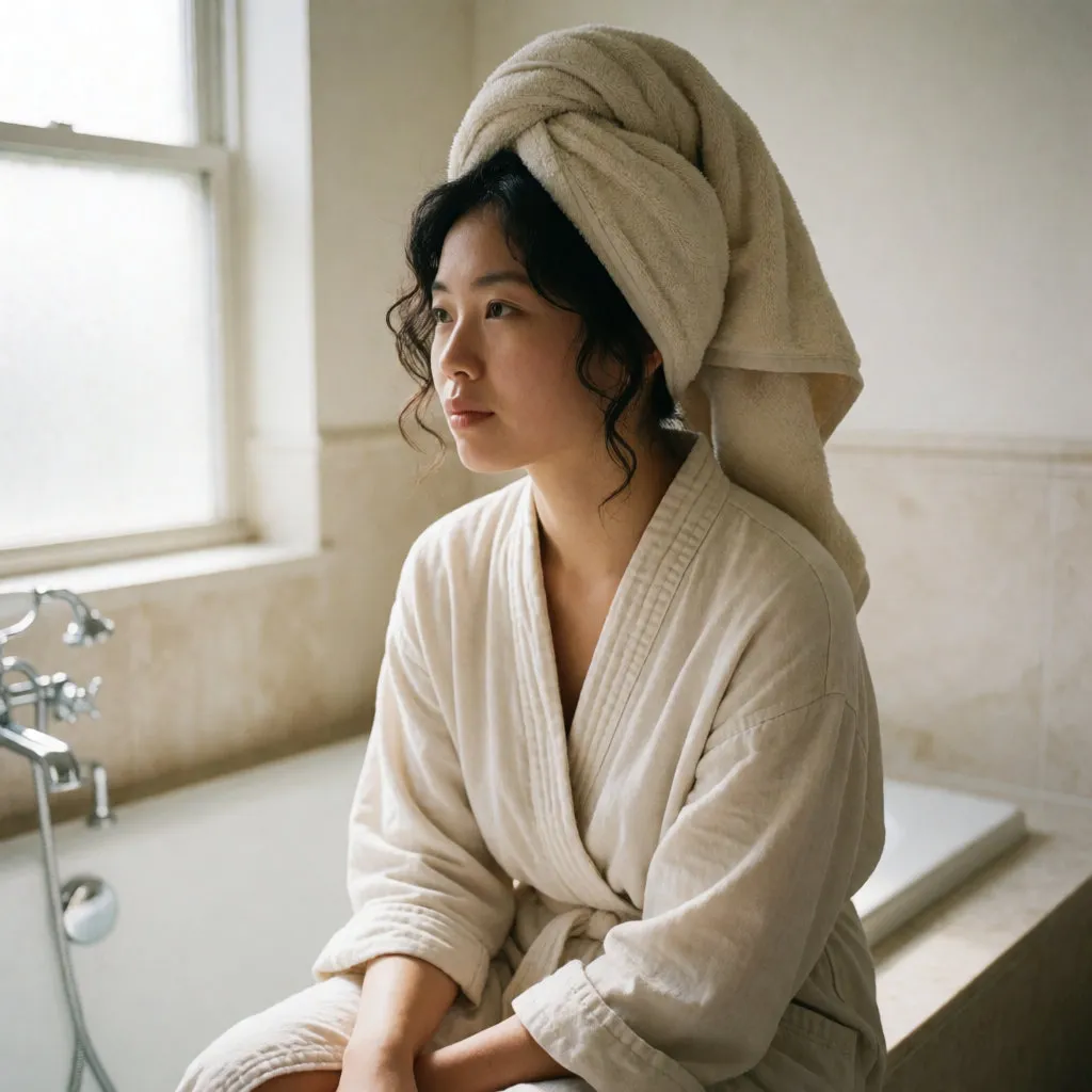 Jeune femme asiatique cheveux enveloppés dans une serviette chaude, attendant la pose