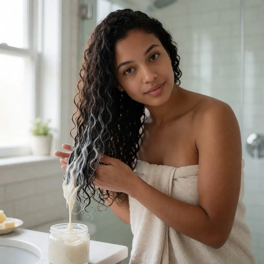 Jeune femme métisse appliquant un masque nourrissant sur ses cheveux essorés