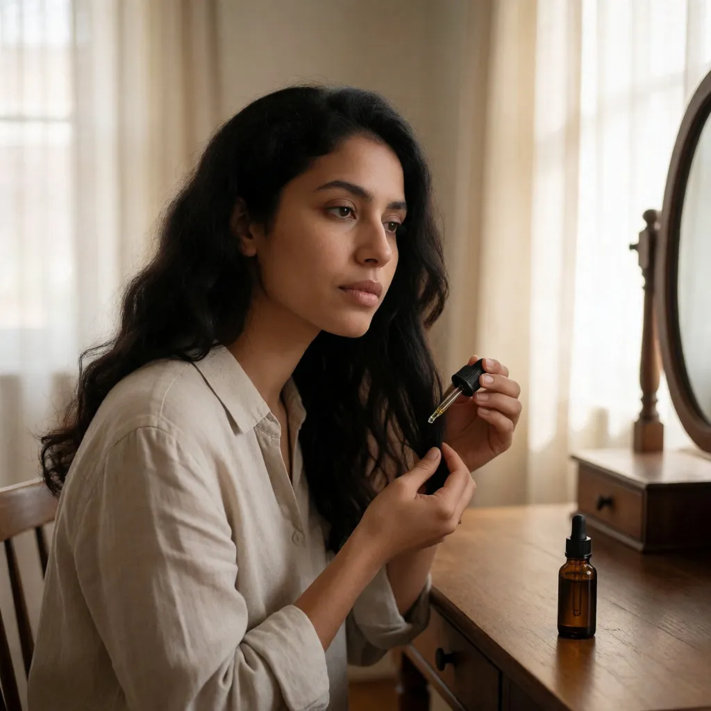 Jeune femme moyen-orientale déposant quelques gouttes de sérum sur ses pointes