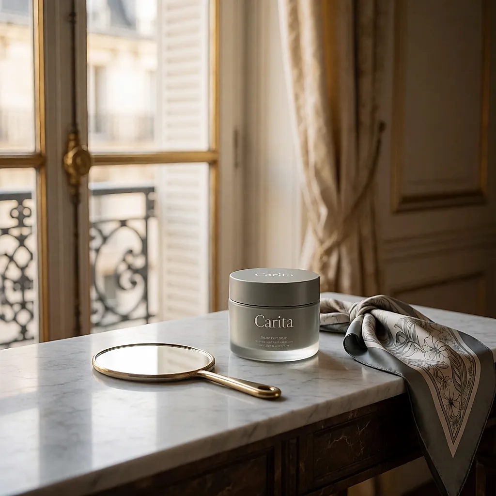 Pot de crème de jour Carita sur une console en marbre