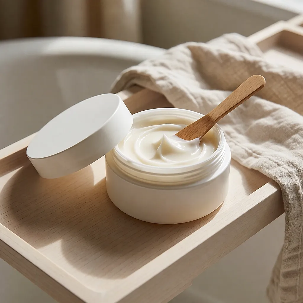 Un pot de masque capillaire nourrissant ouvert, texture crémeuse prélevée à la spatule