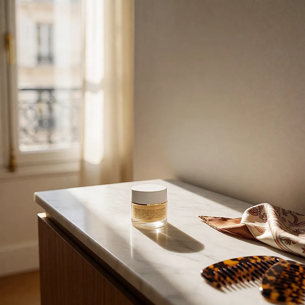 Un petit pot de crème de jour capillaire posé sur une console en marbre