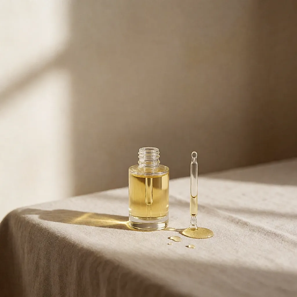 Un flacon de sérum capillaire doré et quelques gouttes sur du lin