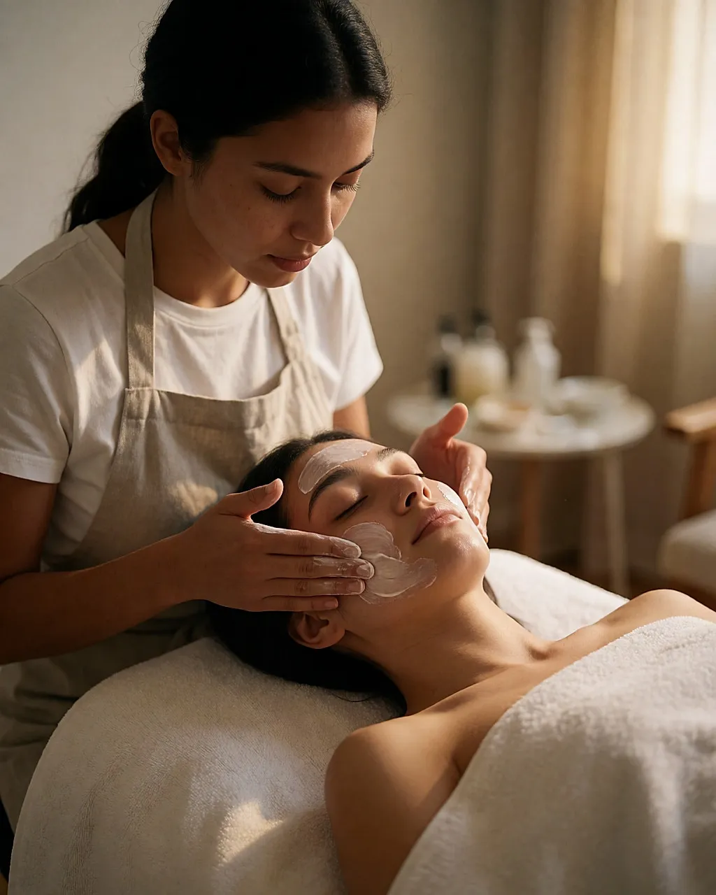 Una esteticista aplica un tratamiento facial a una clienta en un salón adaptado en casa
