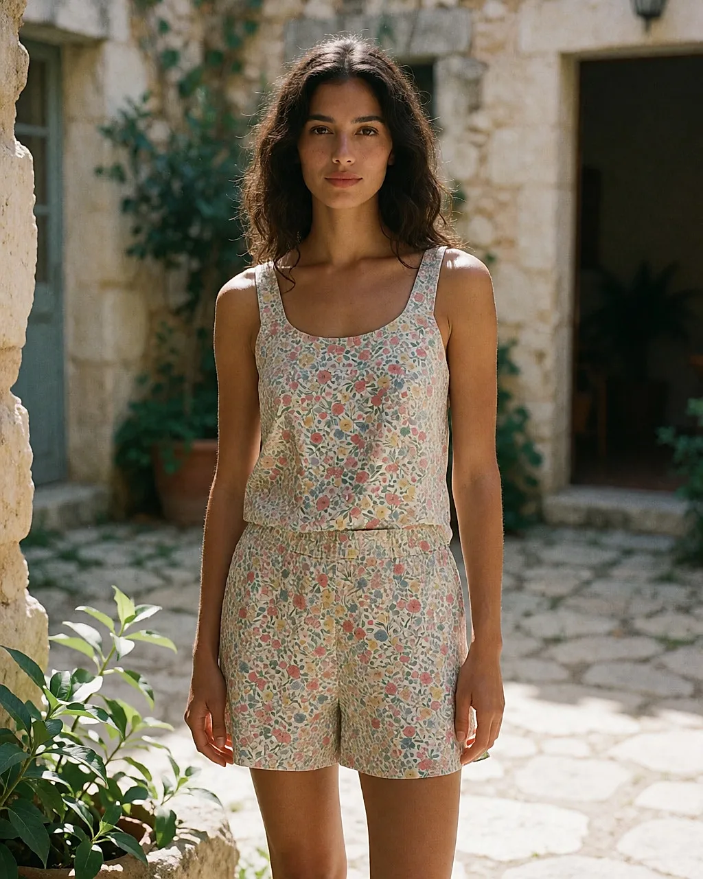 Mujer joven con mono corto de algodón ligero y pequeño estampado floral, en un patio veraniego