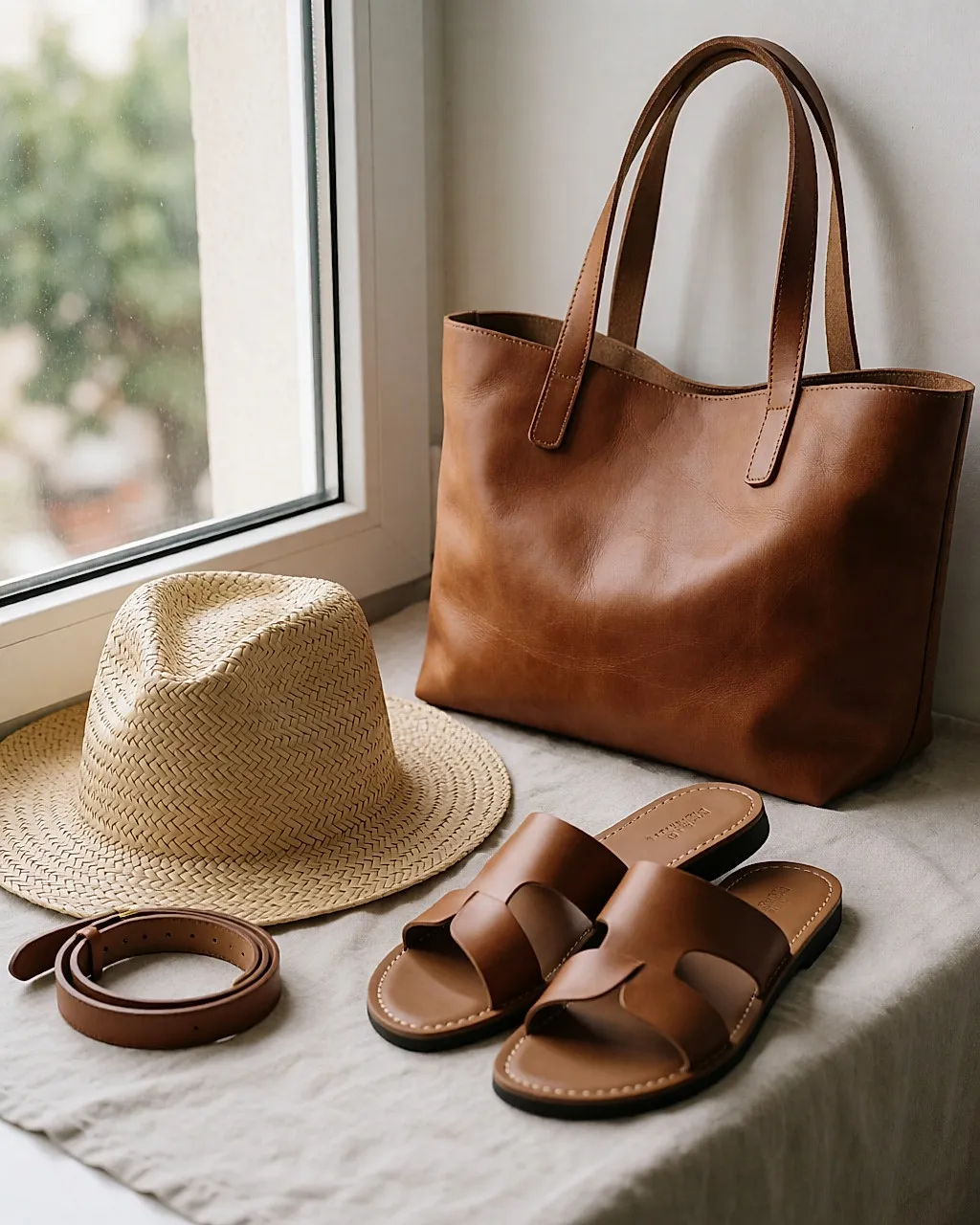 Panamá de paja, bolso tote, cinturón de cuero y sandalias sobre una tela de lino junto a una ventana