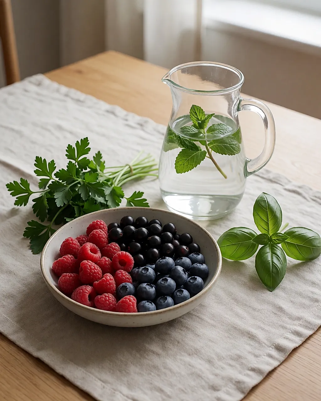 Un bol de frutos rojos, un vaso de agua y hierbas frescas sobre un mantel de lino