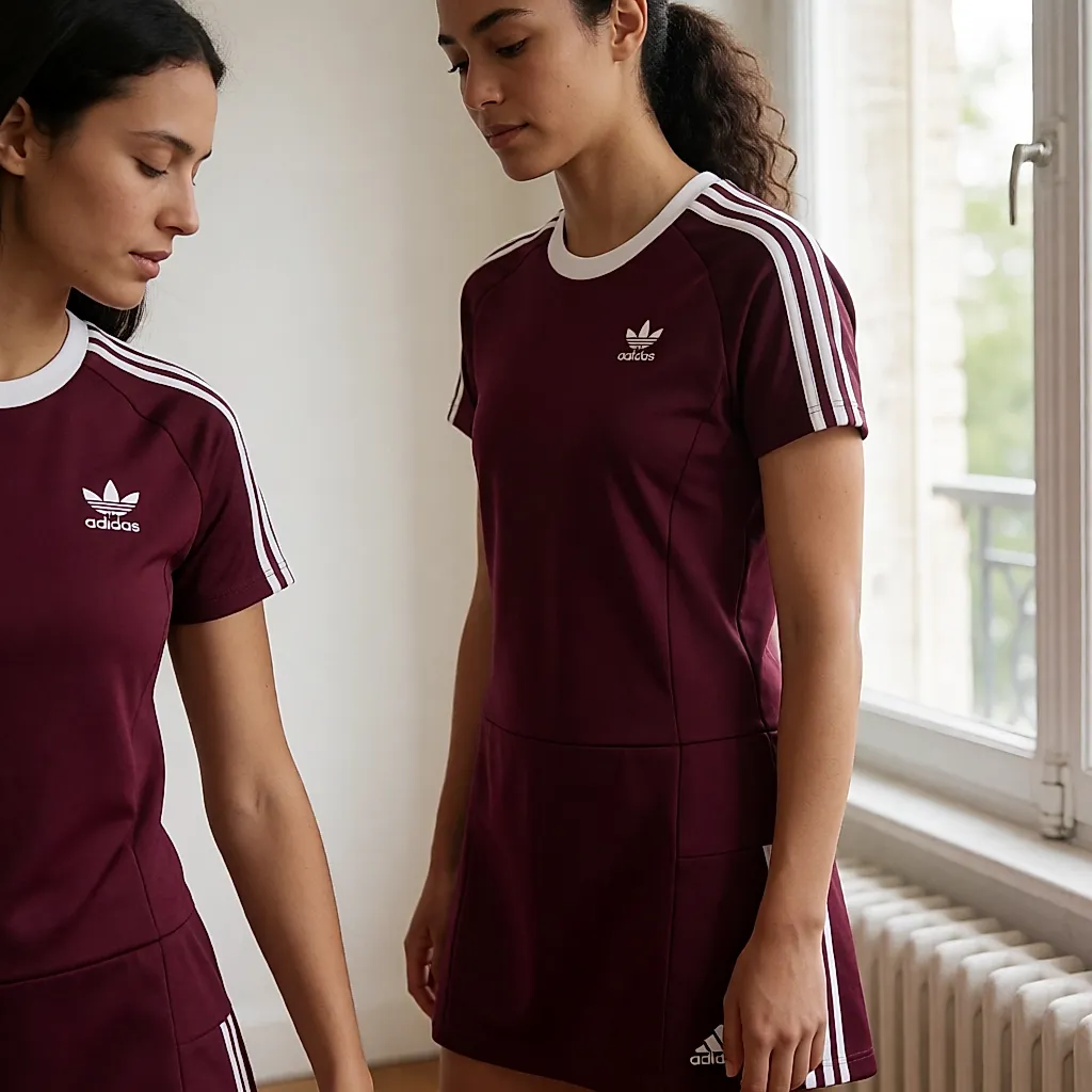 Ensemble Adidas bordeaux à trois bandes porté dans la rue, sac de sport