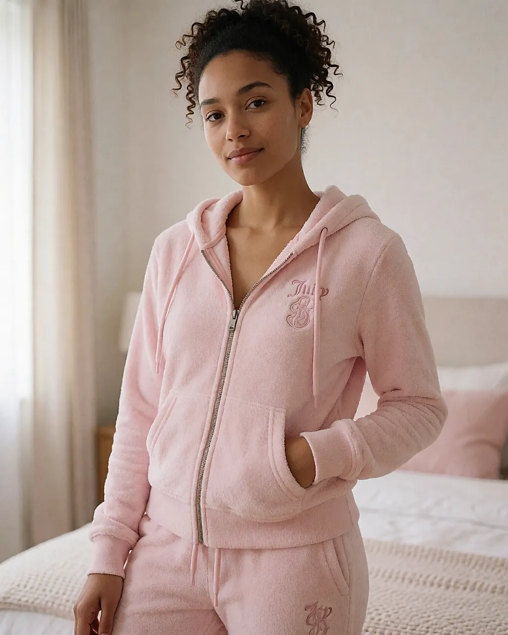 Survêtement en éponge rose Juicy Couture porté dans une chambre lumineuse