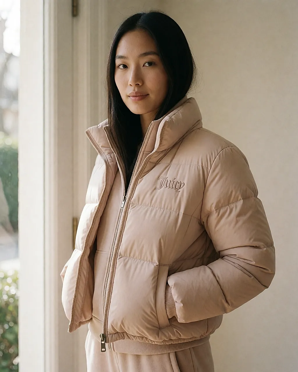 Doudoune courte Juicy Couture beige portée dans une entrée lumineuse