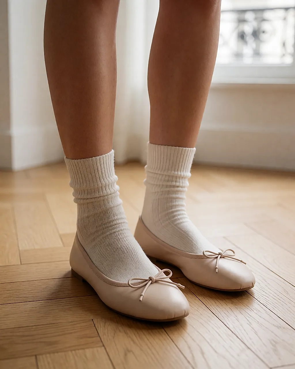 Ballerines de danse en cuir beige portées avec des chaussettes hautes