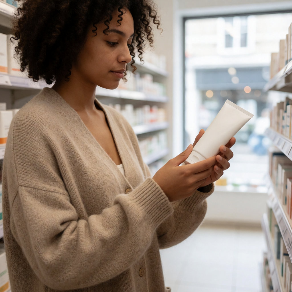 Jeune femme métissée tournant un tube de solaire entre ses mains pour lire l'étiquette en pharmacie