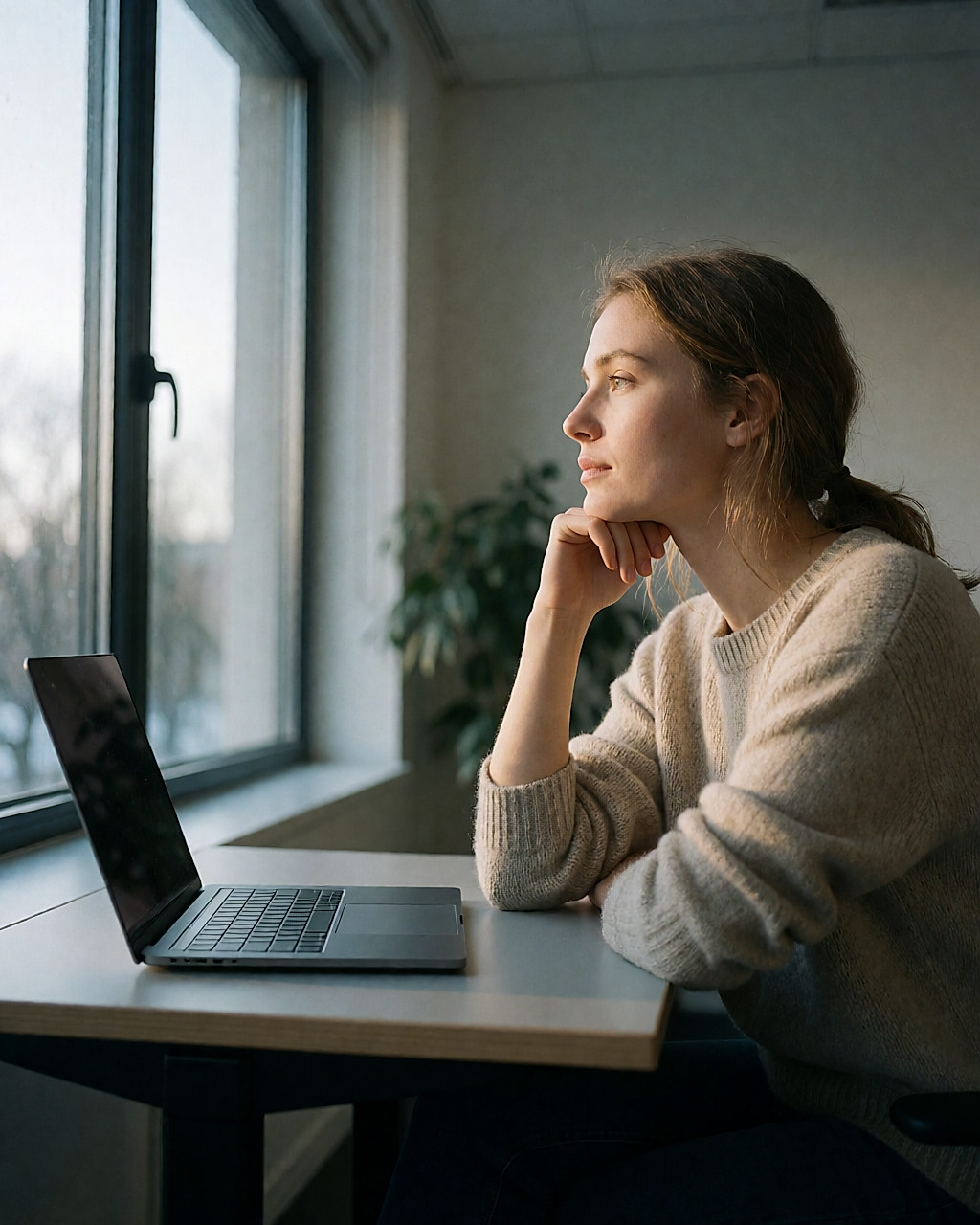 Jeune femme assise à son bureau près d'une grande vitre, lumière du jour traversant la fenêtre
