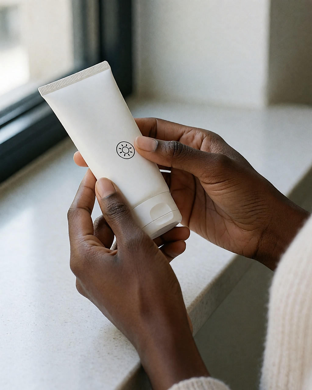 Mains tournant un tube de crème solaire pour lire le dos de l'étiquette près d'une fenêtre