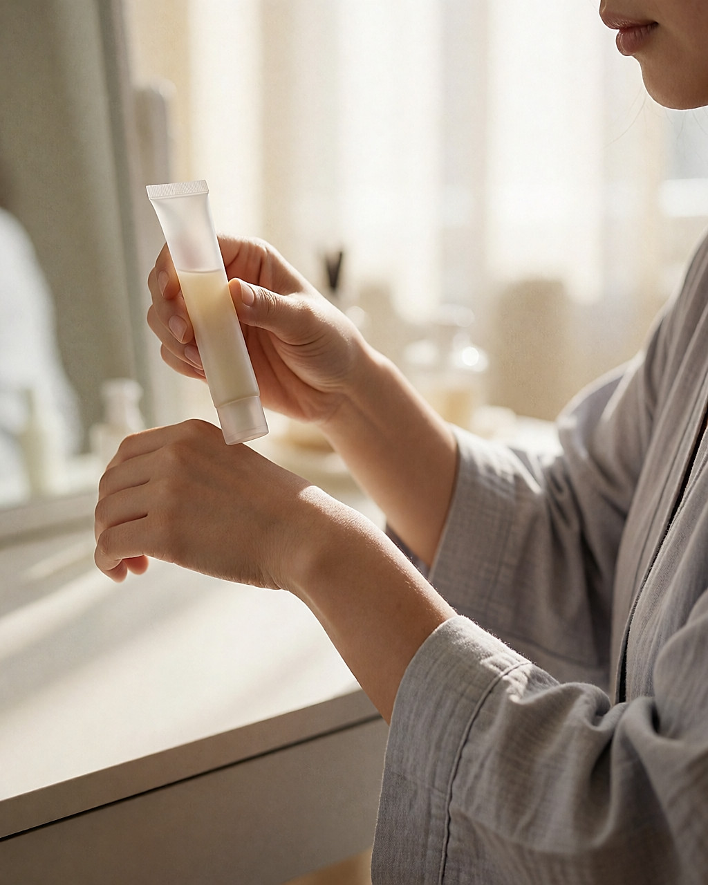 Jeune femme asiatique observant la texture fluide d'une crème solaire sur le dos de sa main